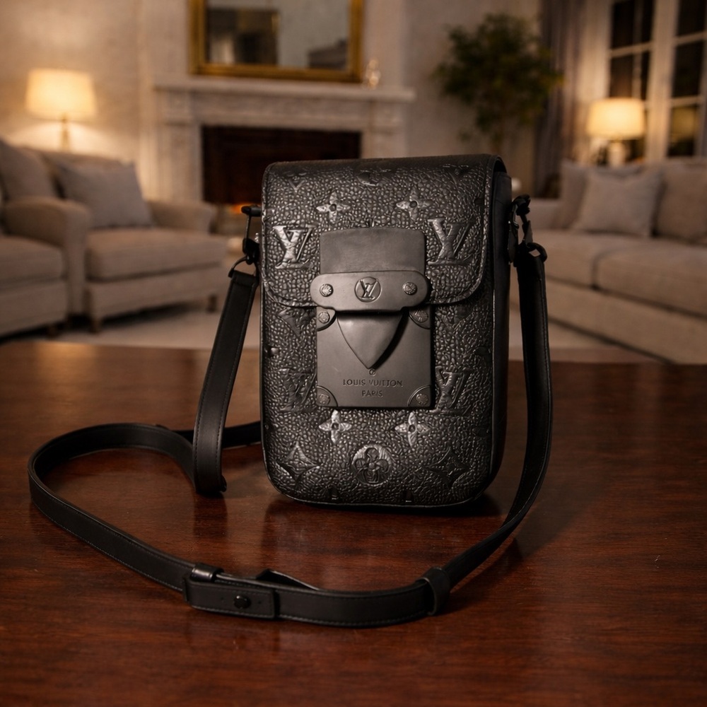 Black Embossed Monogram Leather Crossbody Messenger Bag